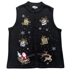 Christmas Sweater Vest Womens L Large Santa Cheetah Zebra Cardigan Reindeer Snow